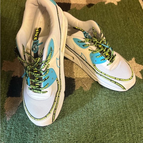 Nike Kids Air Max 90 SE White Blue Neon Green Sneakers - Picture 10 of 11